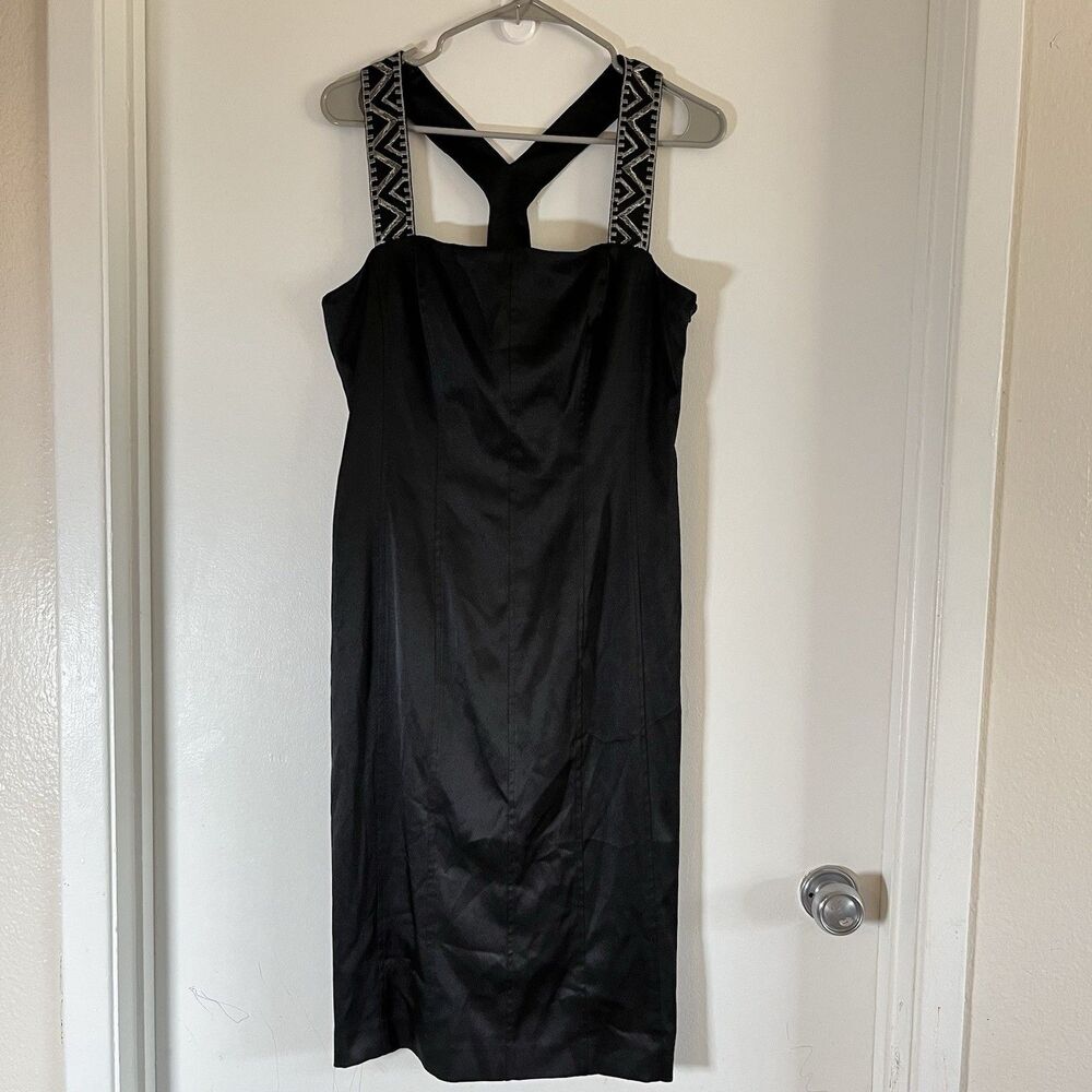 Evan Picone Midi Dress Sz 10 Black Embroidered Straps Y2K Gothic Whimsy